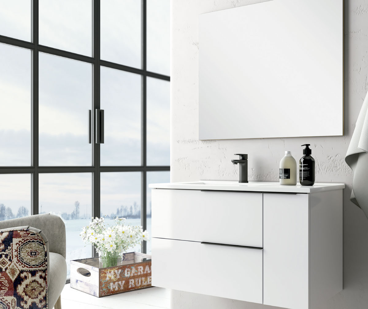 mueble de baño suspendido color blanco mate con espejo