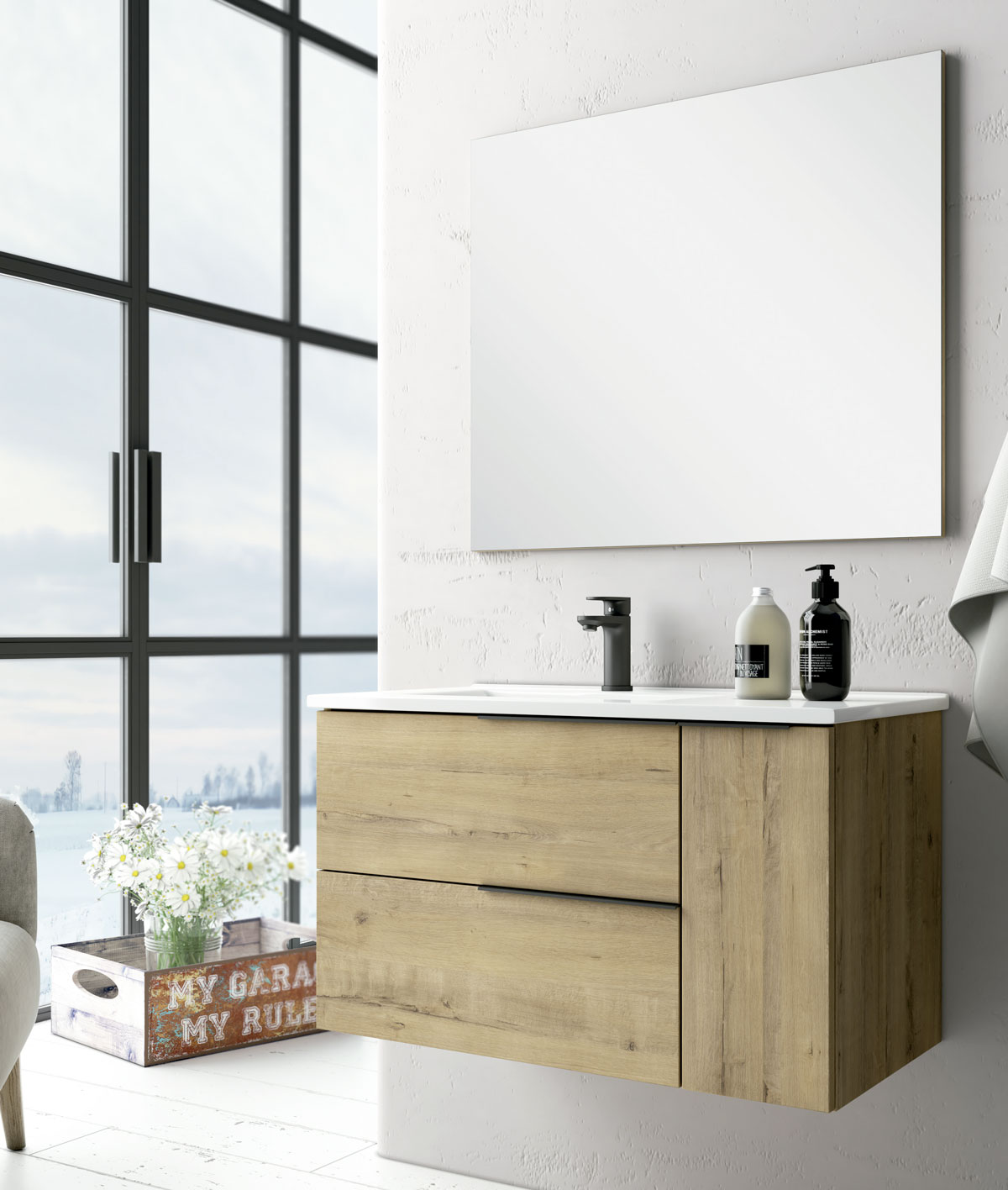 mueble de baño suspendido color marron claro con espejo