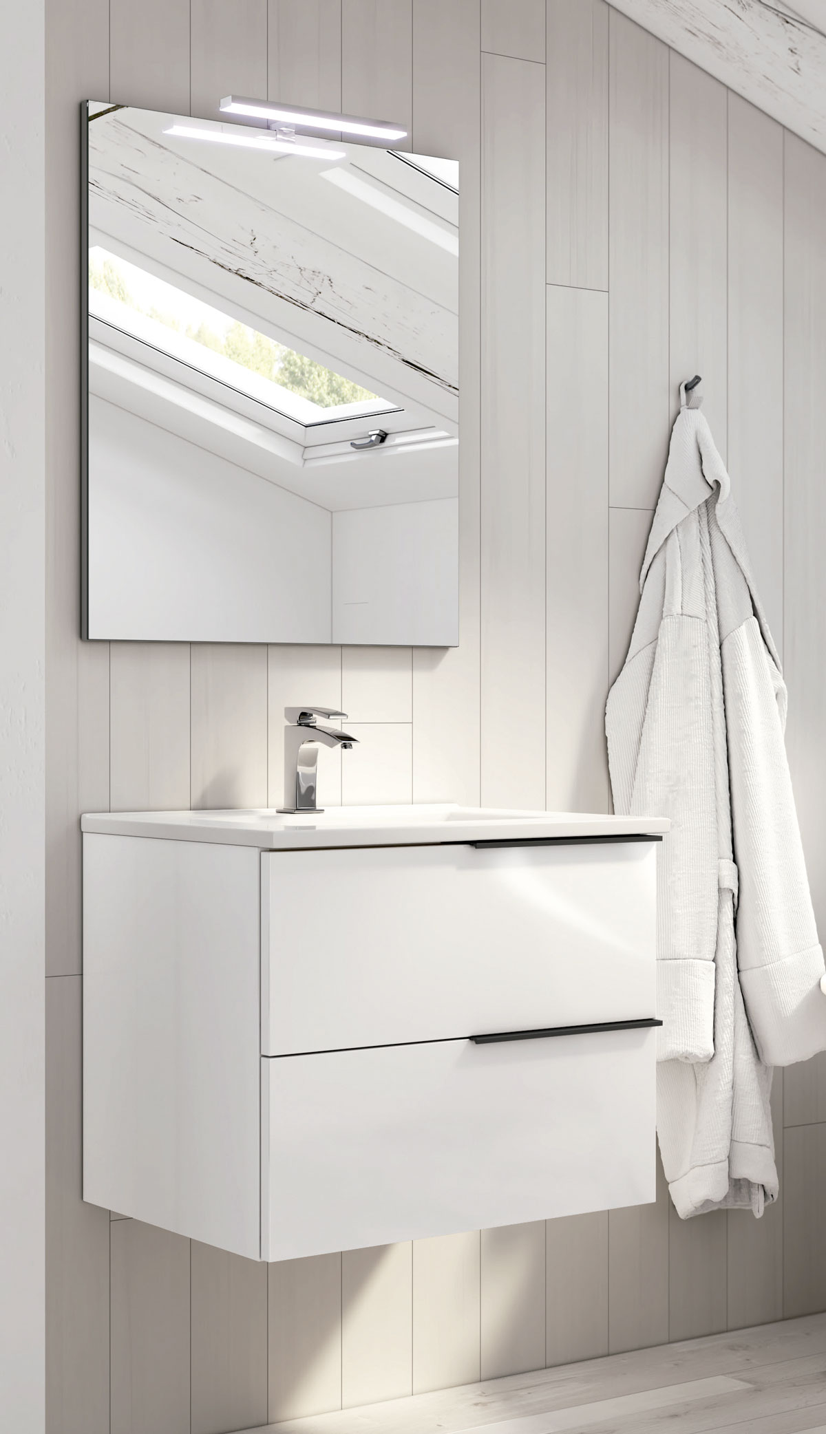 mueble de baño suspendido color blanco mate con espejo