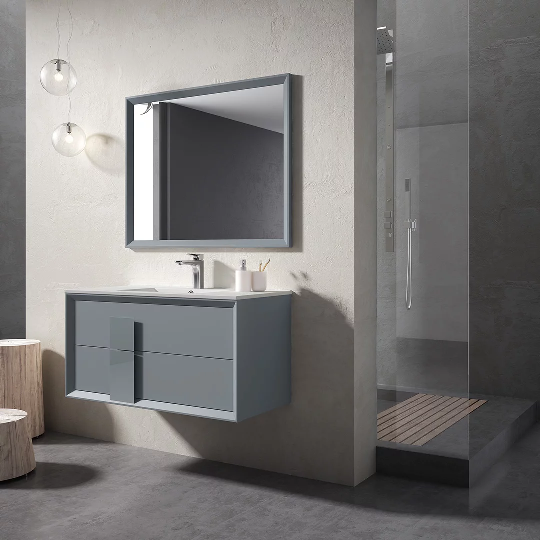 Mueble de baño suspendido 2 cajones sin tirador con lavabo color Musgo  Modelo Decor