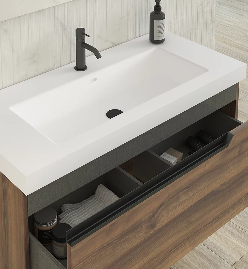 mueble de baño suspendido con cajonera de color marrón oscuro