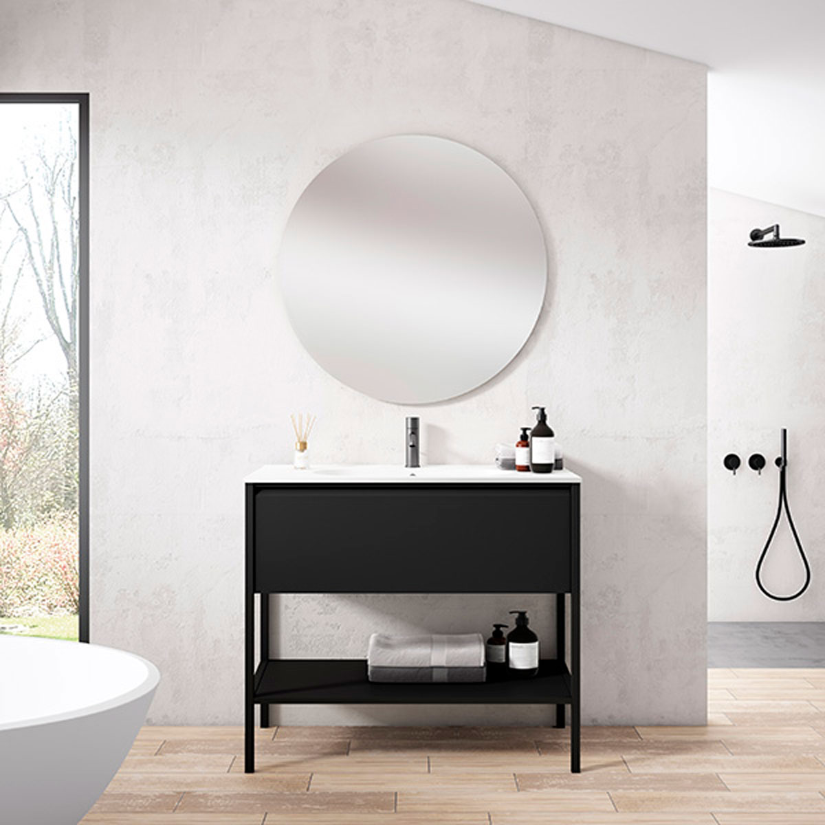 Mueble de baño con acabado negro y con espejo