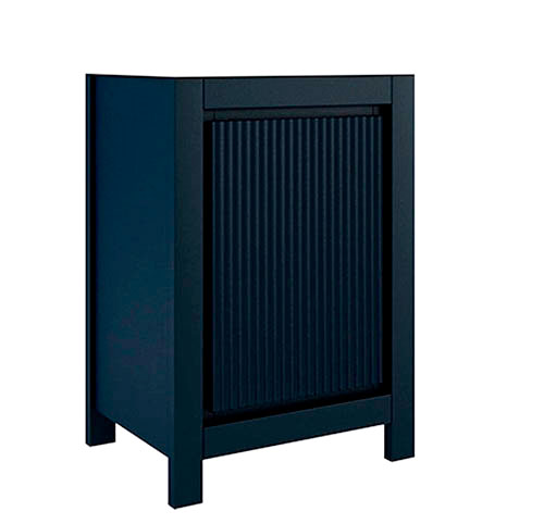 Mueble azul oscuro con una puerta para baño