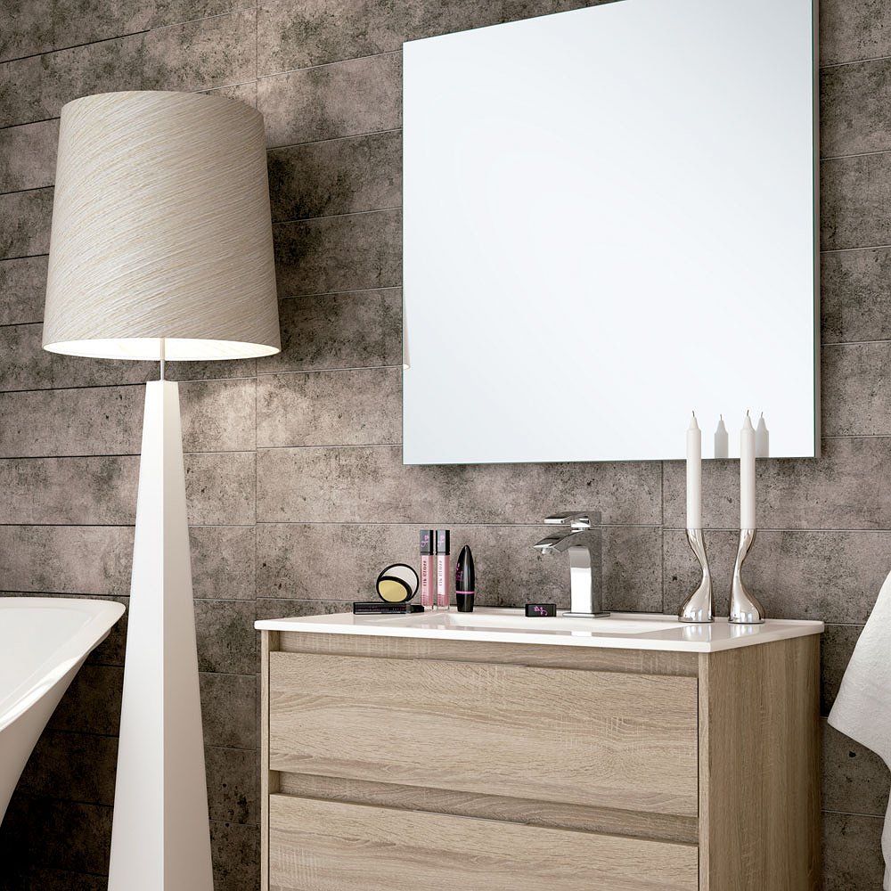 mueble de baño marrón elevado con espejo