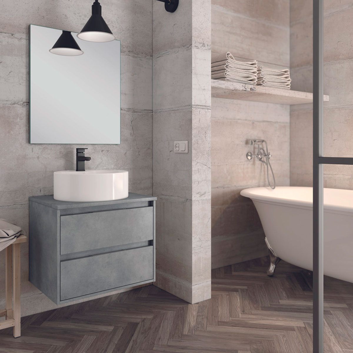 mueble de baño color cemento elevado con espejo