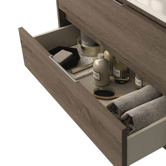 mueble de baño marrón con cajones cierre amortiguado