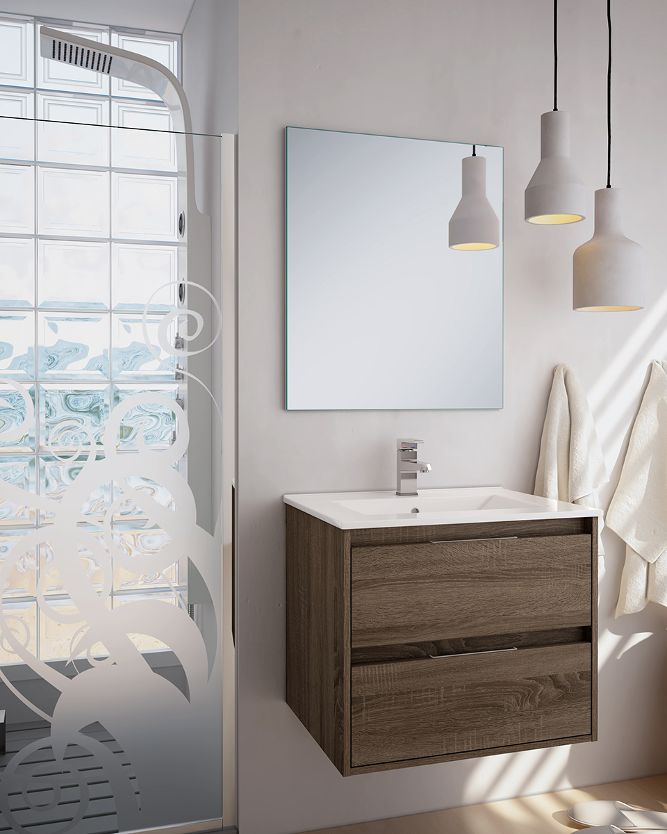 mueble de baño marrón elevado con espejo