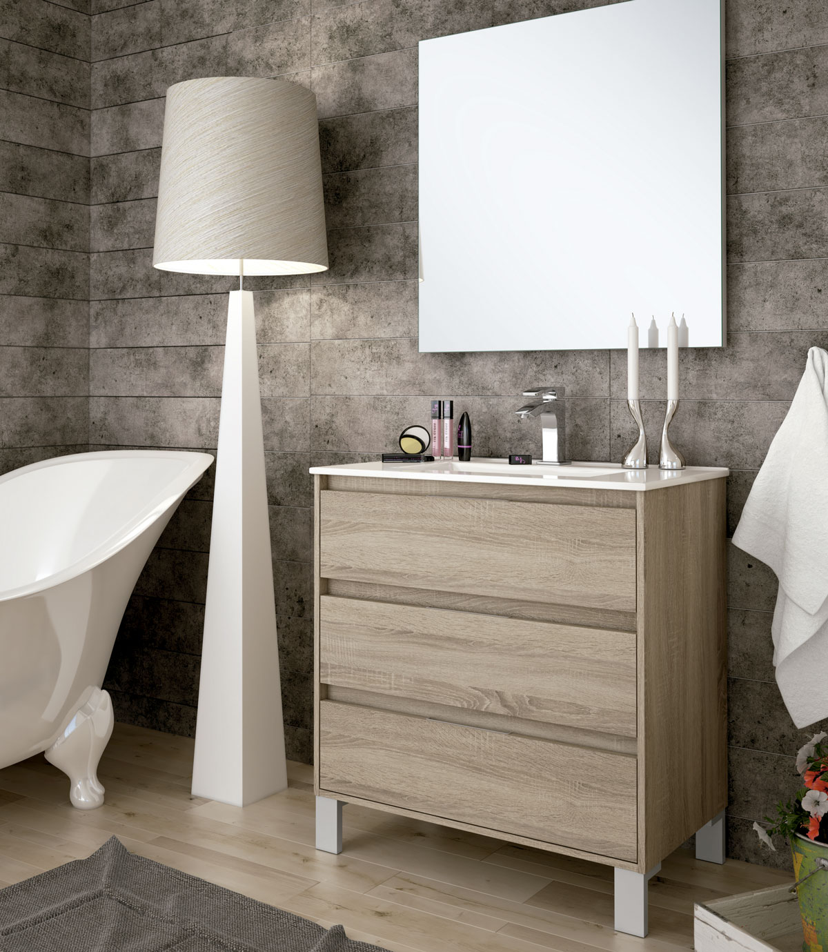 mueble de baño marrón claro elevado con espejo