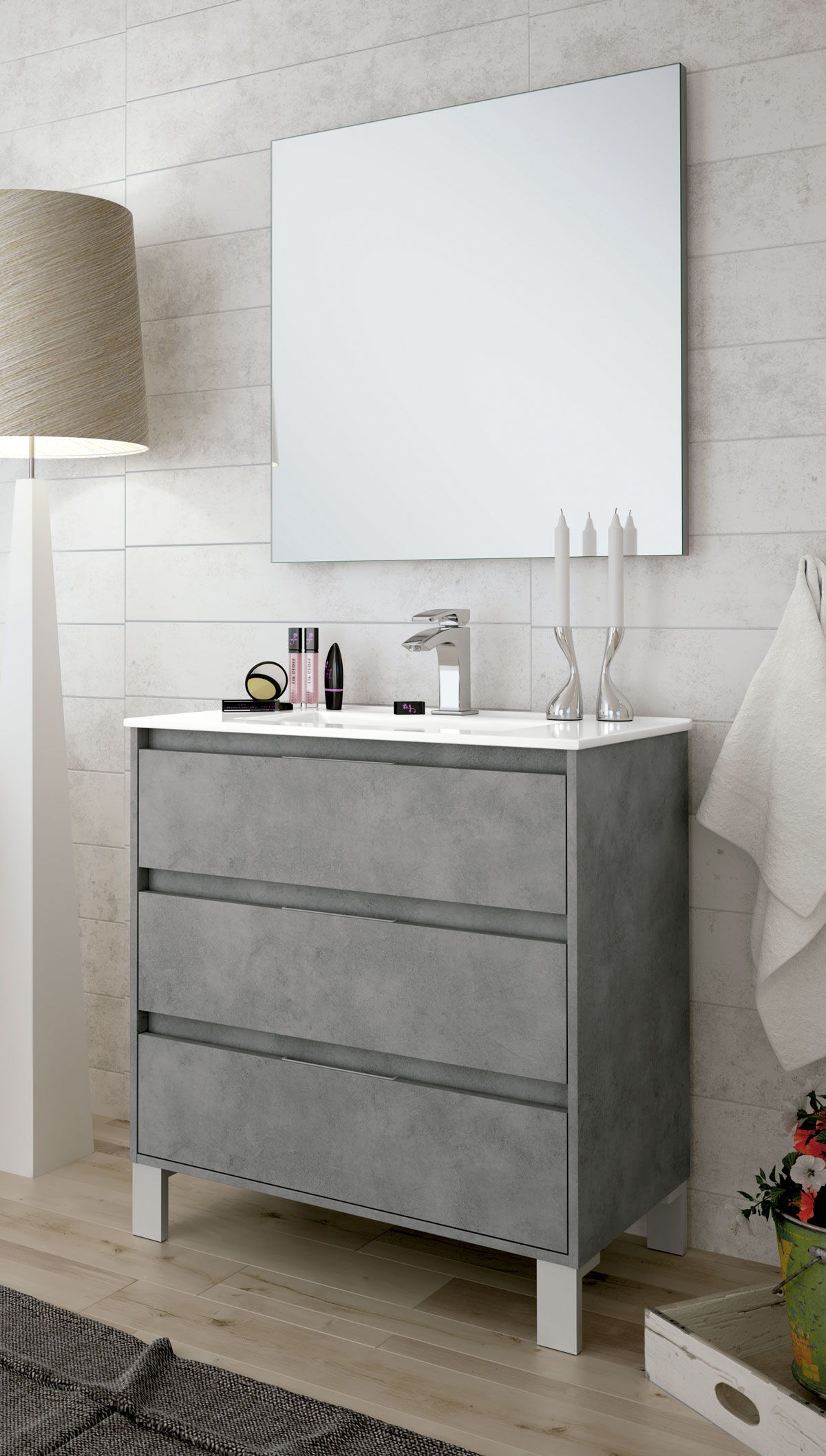mueble de baño color cemento con patas