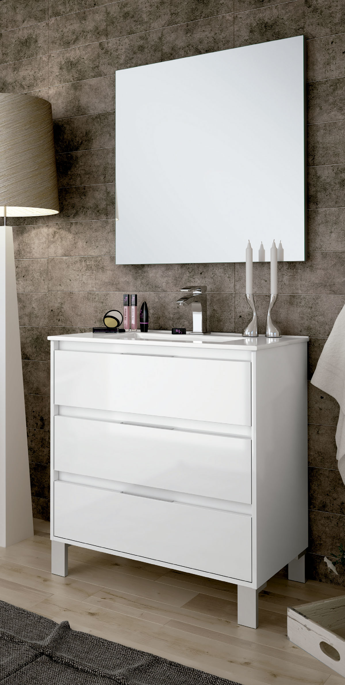 móvel de casa de banho branco elevado com espelho