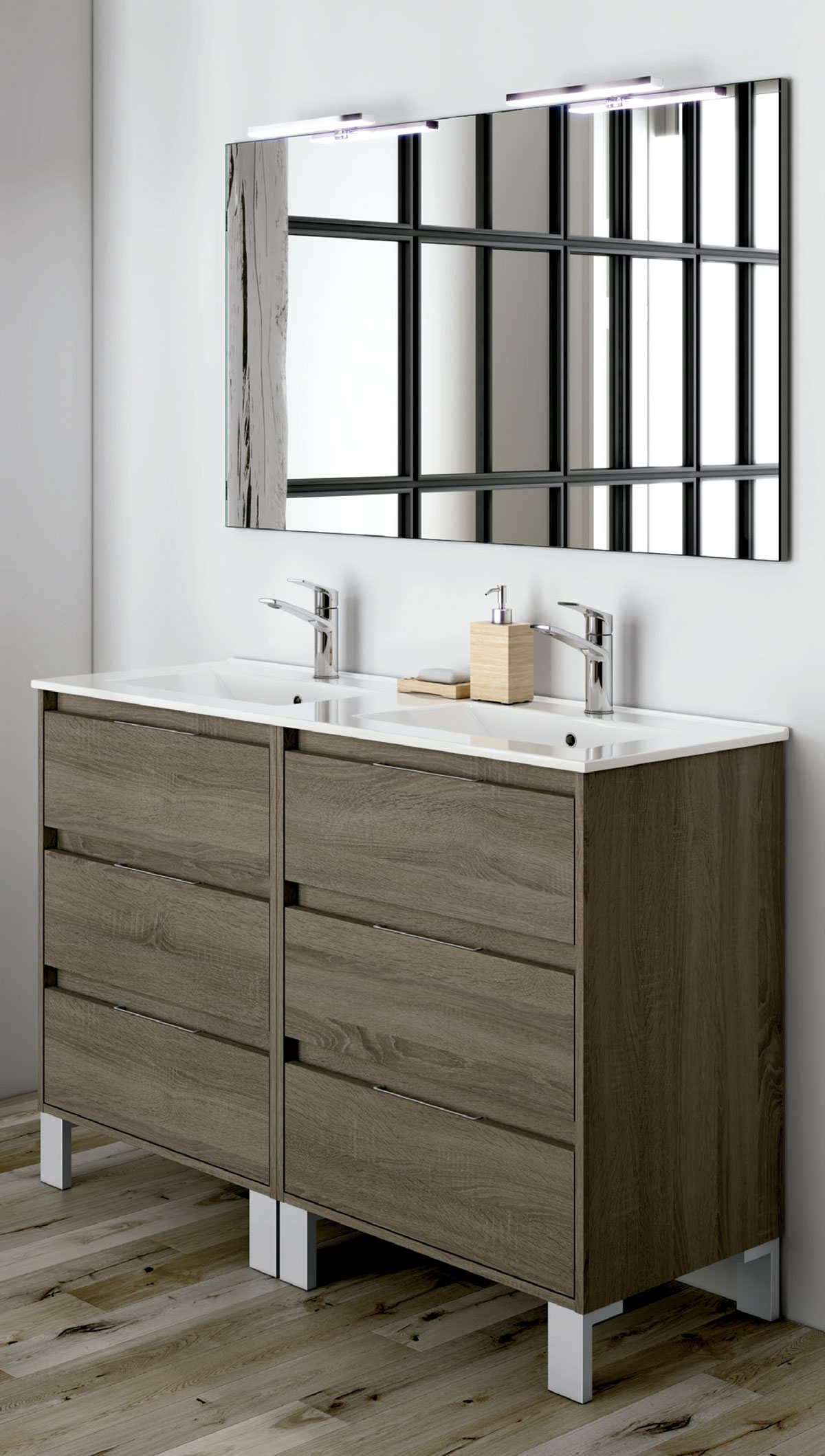 Mueble de baño de color marrón claro con patas lavabo y espejo
