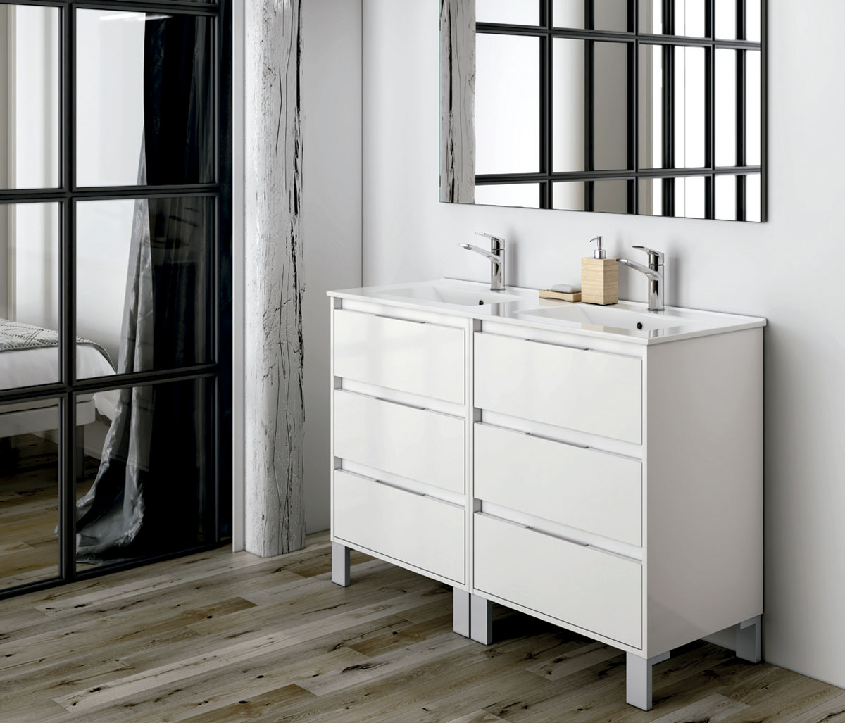 mueble de baño blanco elevado con espejo