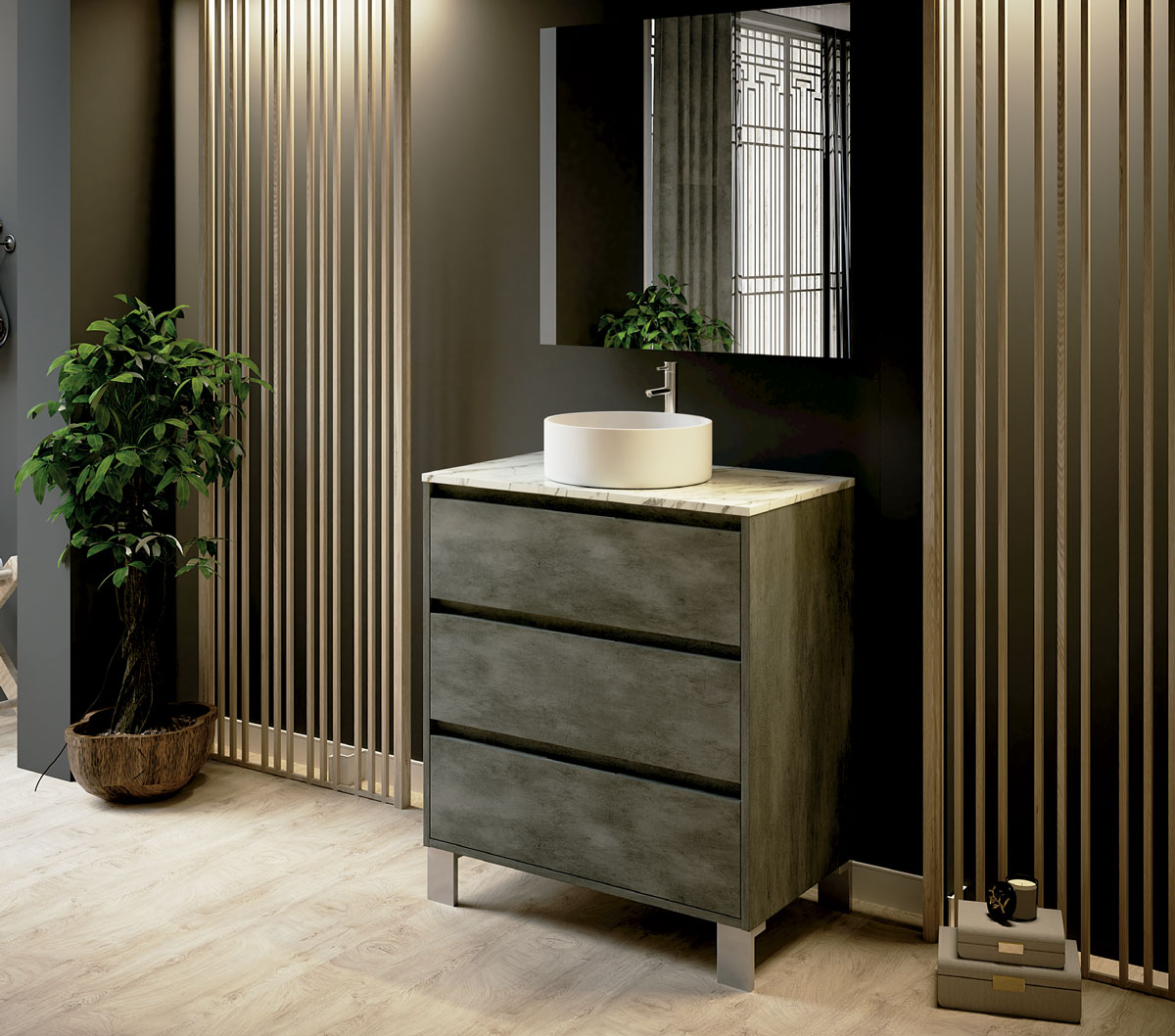 mueble de baño color cemento elevado con espejo