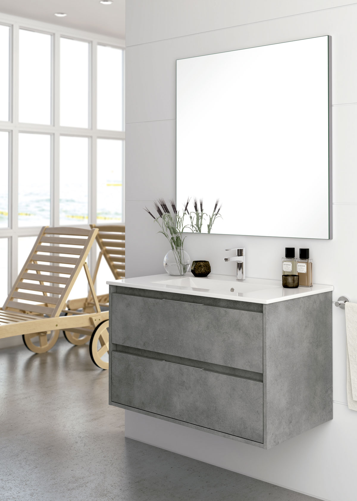 mueble de baño color cemento elevado con espejo
