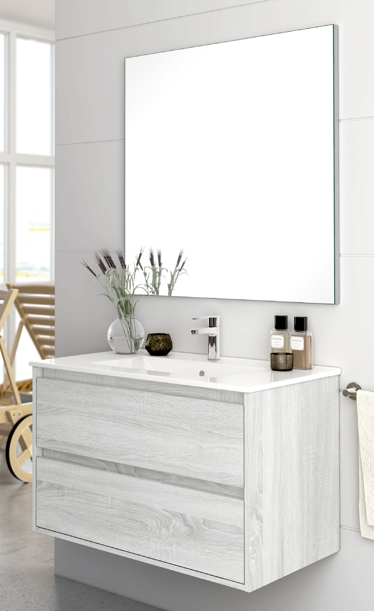 móvel de casa de banho em madeira branca elevada com espelho