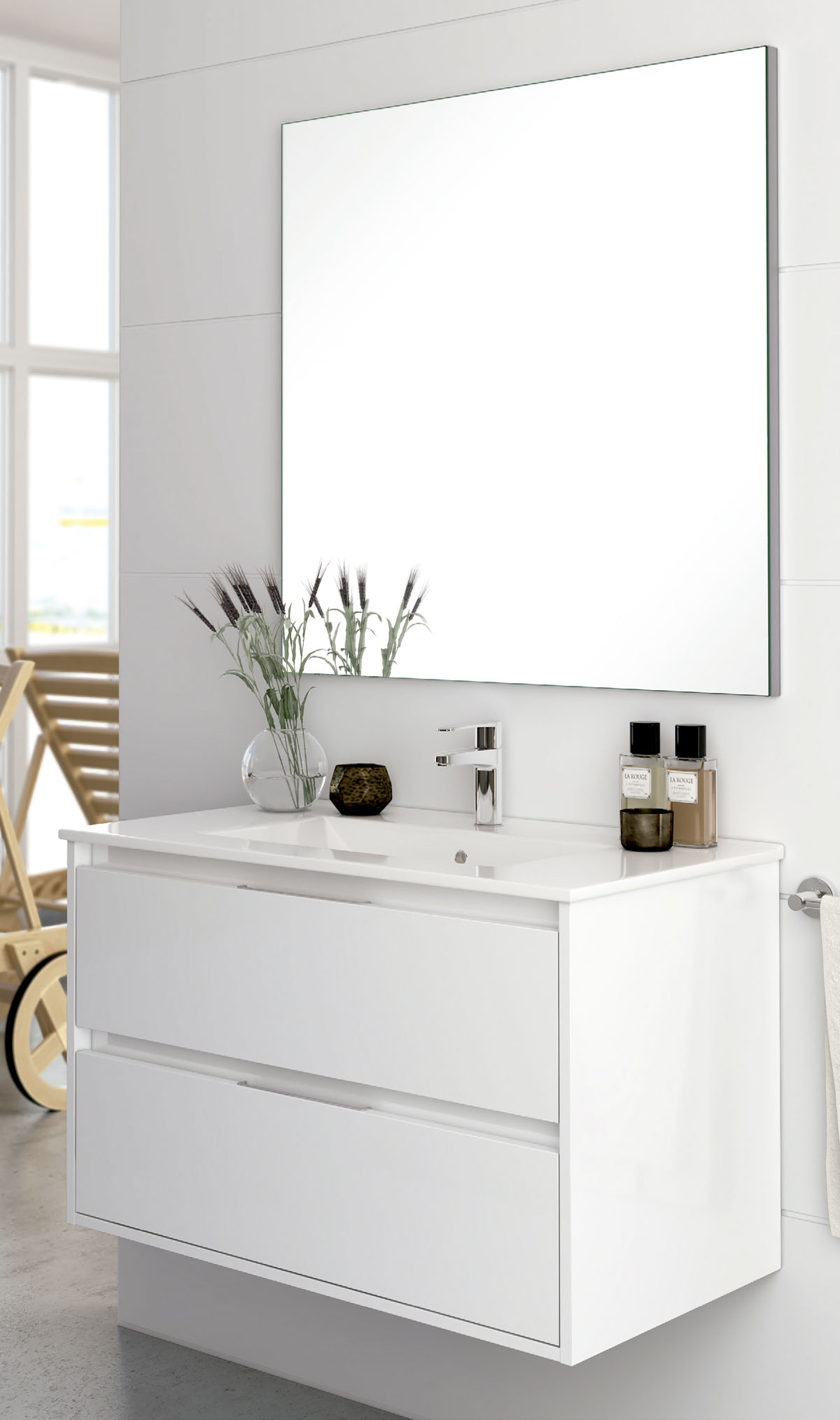 móvel de casa de banho branco elevado com espelho