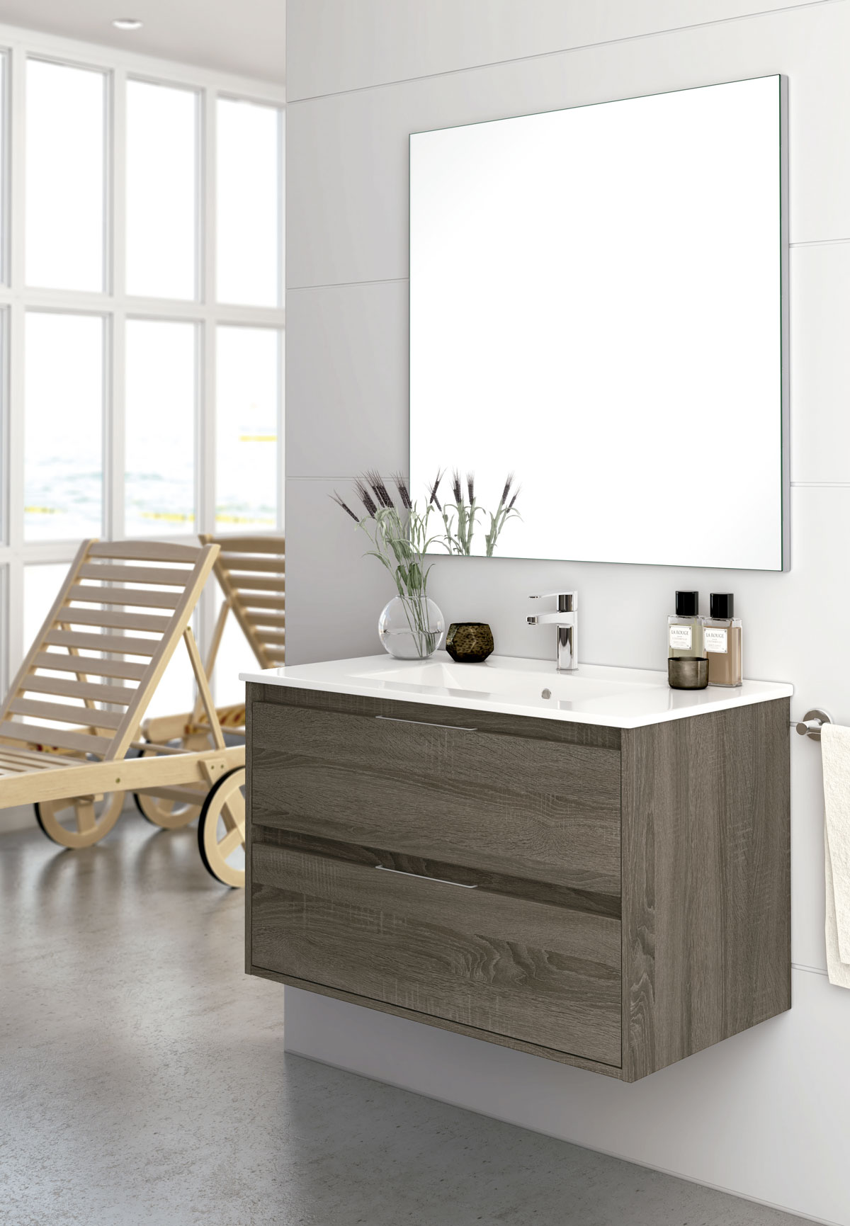 mueble de baño marrón oscuro elevado con espejo