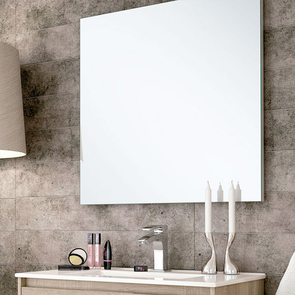 Mueble de baño elevado color madera clara con espejo