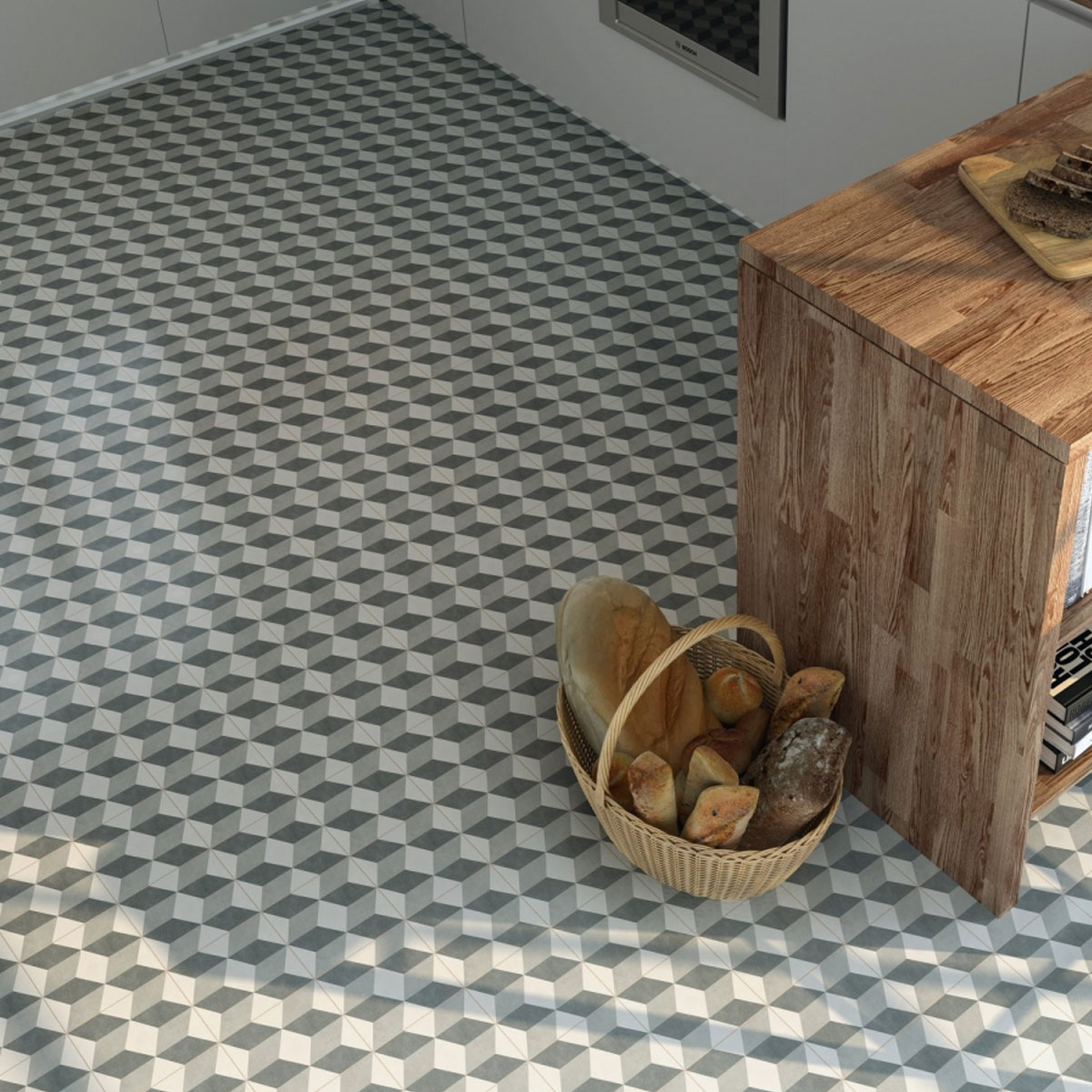 Cozinha com pavimento hidráulico branco 3D