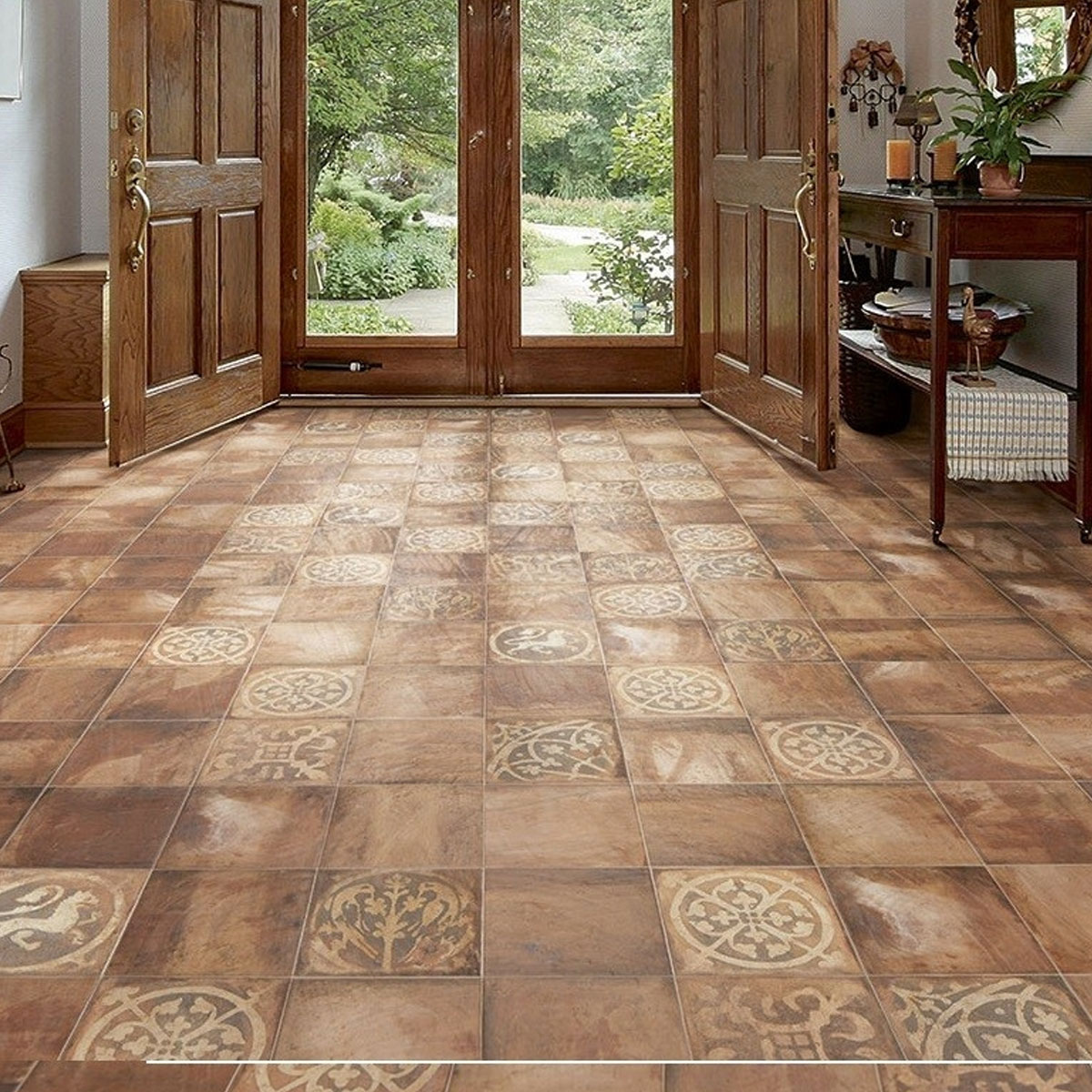 Salón con Pavimentos hidráulicos color naranja