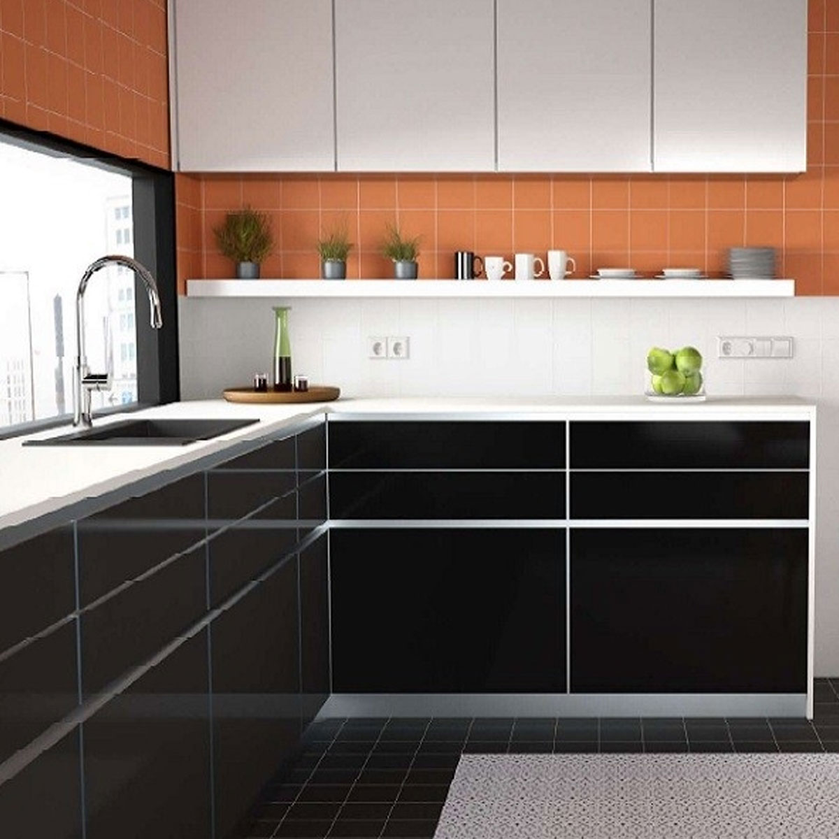 Cozinha com pavimento hidráulico preto