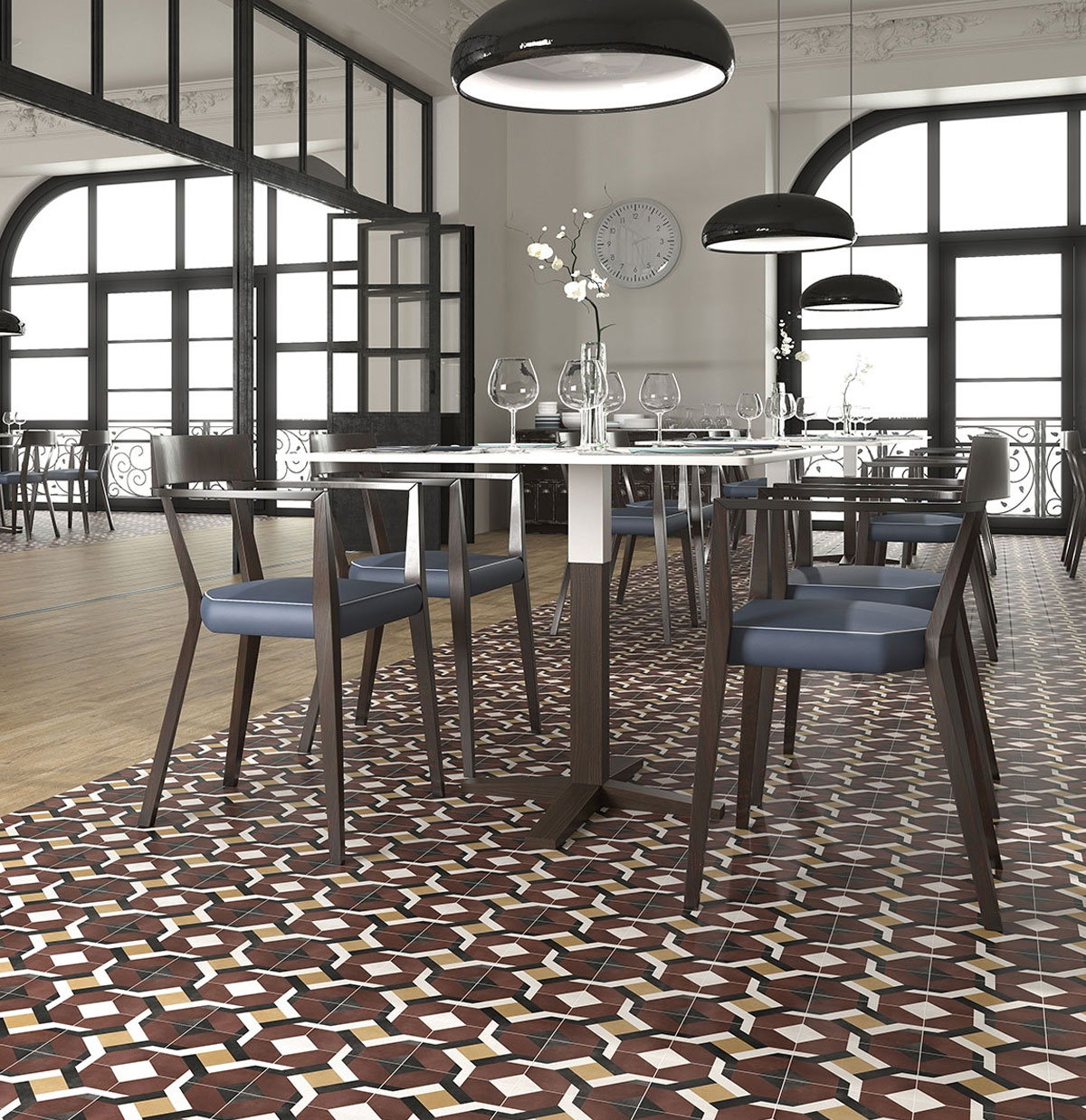 Pavimento hidráulico rojo en un comedor