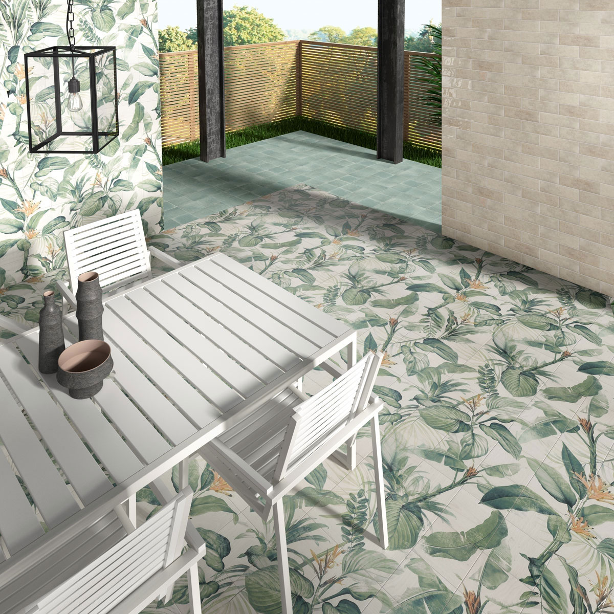 Sala de estar com pavimento hidráulico verde